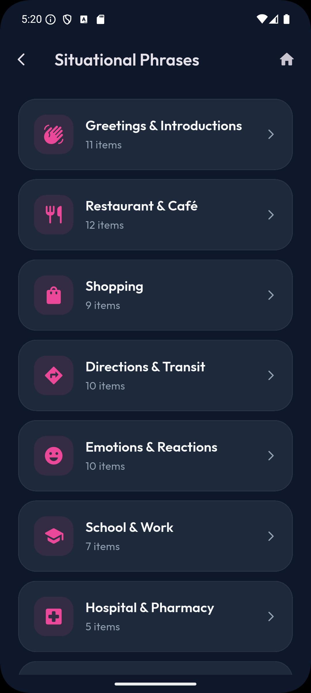 PhonetKor situational phrases list showing categories like Greetings, Restaurant, and Shopping